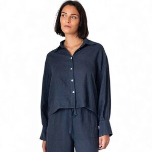 Mersea Hermosa navy blue linen boxy button up top size Large/XL